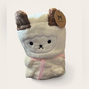 Handmade Kids Plush Sheep Blanket - White with Pink Ribbon